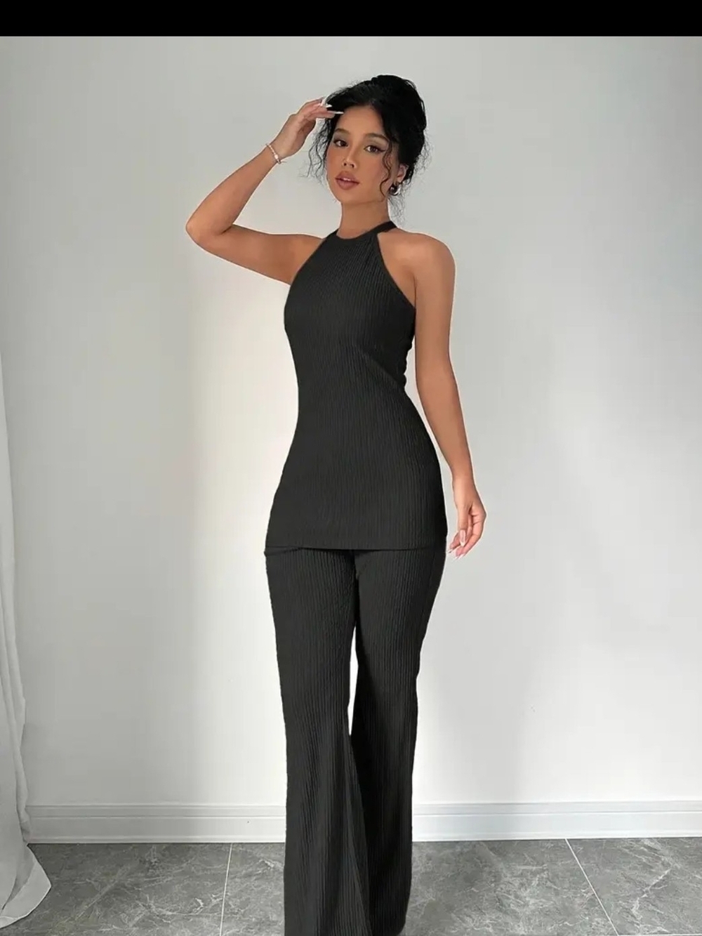 Sleek Black Ribbed Halter Top & Wide Leg Pants Set